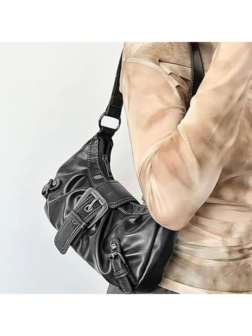 Trendy Y2K Leather Hobo Purse, Buckle Clutch Bag for Women, Stylish Shoulder